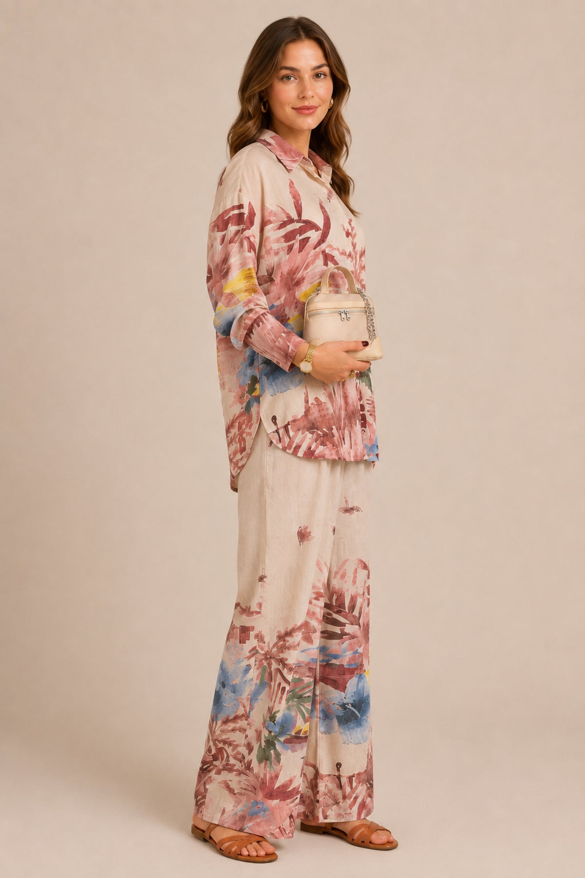 Abstract Floral Print Co-Ord Set Shirt & Wide Leg Trousers