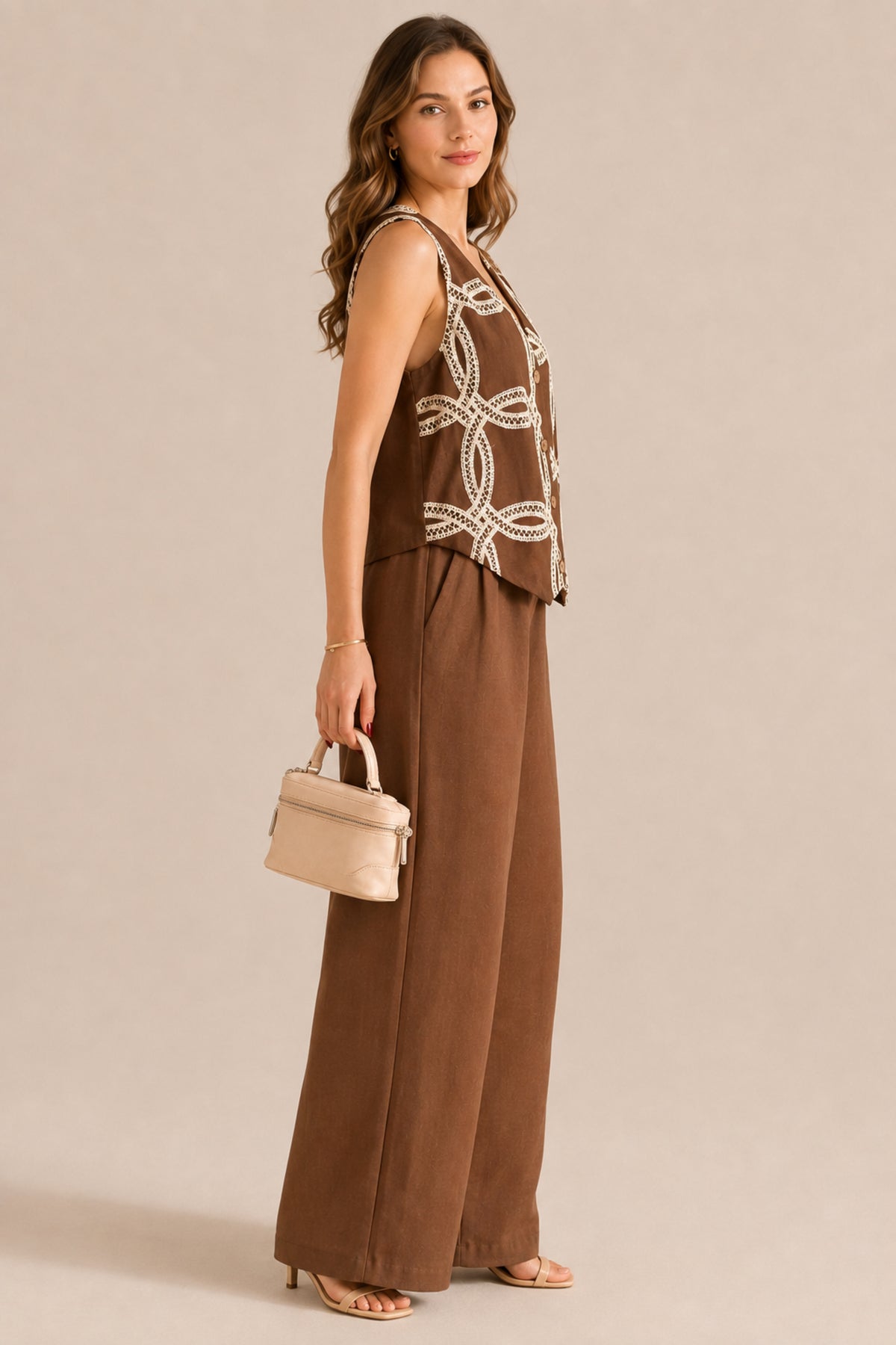 Embroidered Button Front Waistcoat & Wide Leg Trouser Co-ord Set