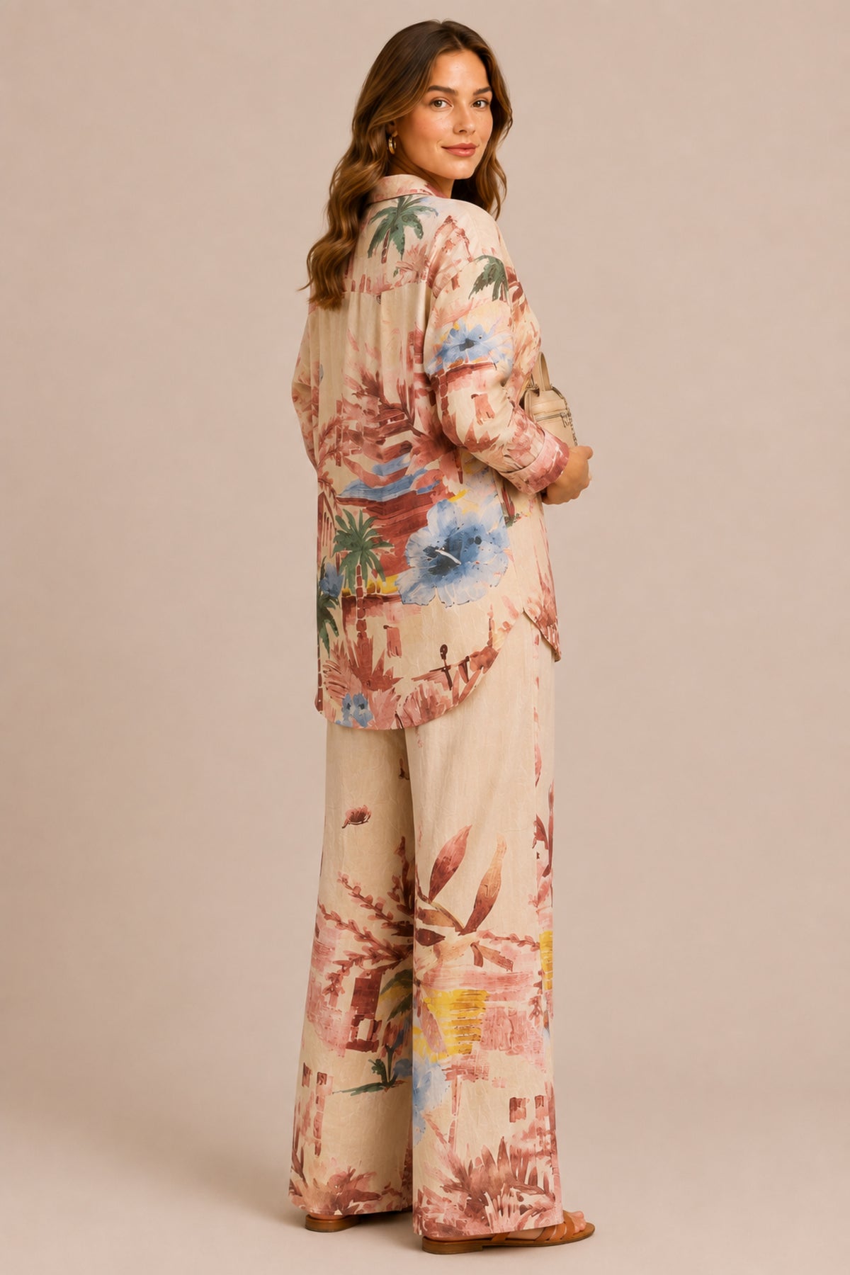 Abstract Floral Print Co-Ord Set Shirt & Wide Leg Trousers