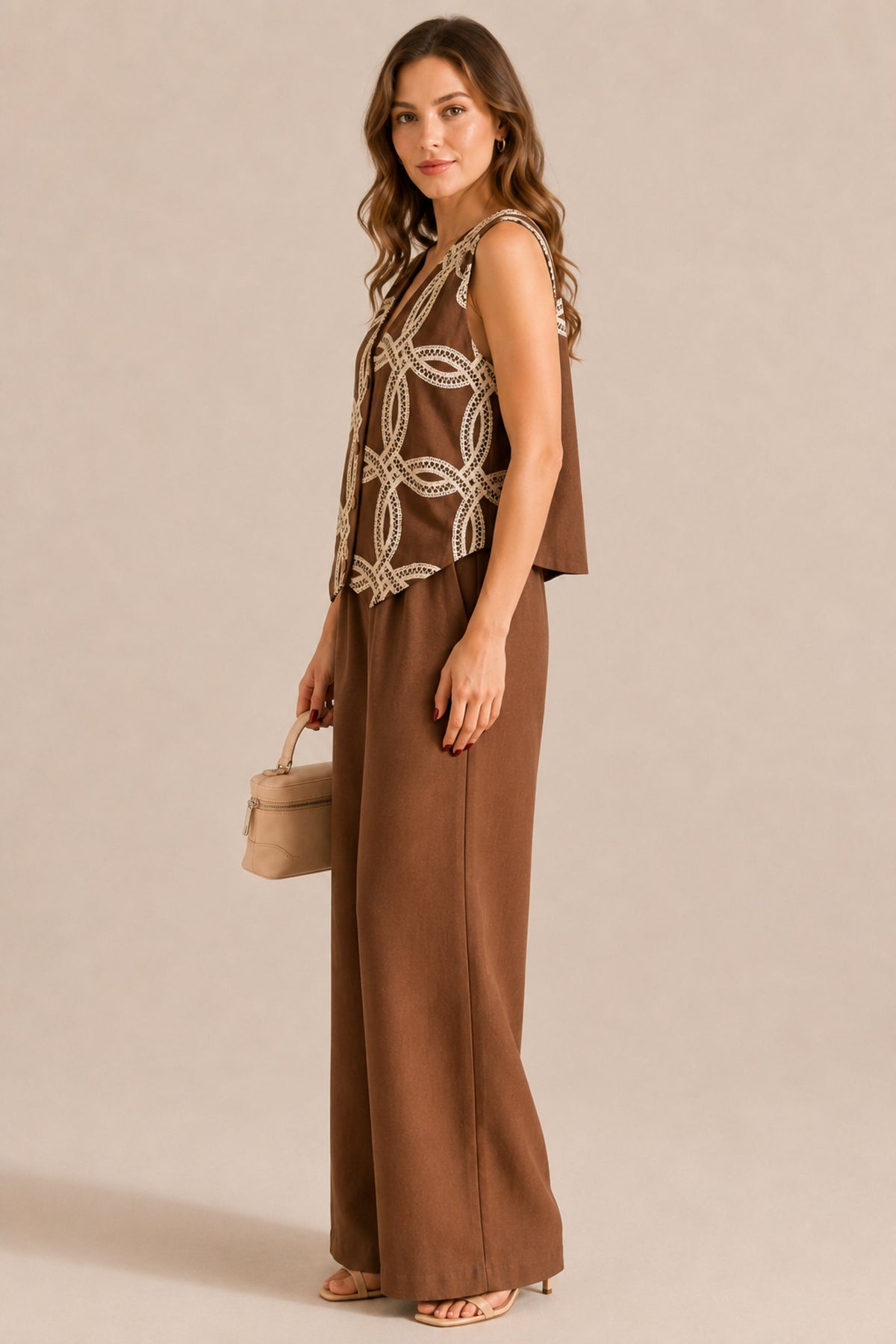 Embroidered Button Front Waistcoat & Wide Leg Trouser Co-ord Set